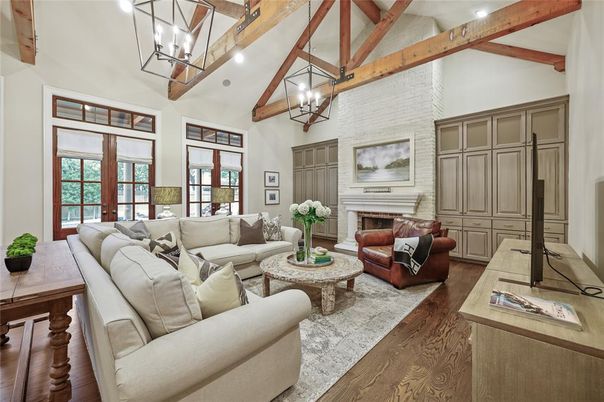 Fireplace, Interior, Living room, Pendant Lights, Recessed Lighting, Stone Walls, Wooden Beams, Wood Texture Flooring