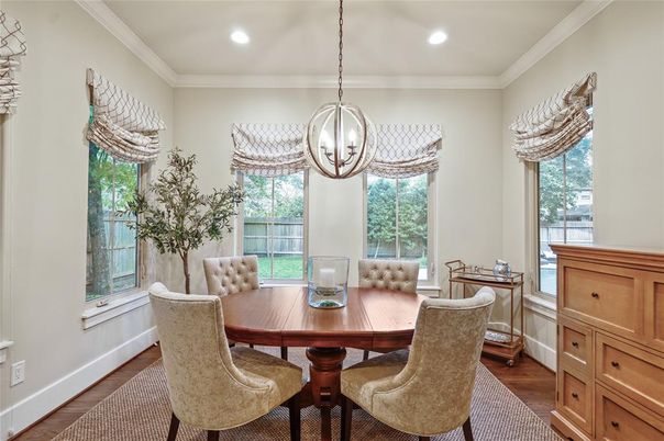 Dining room, Interior, Pendant Lights, Recessed Lighting, Wood Texture Flooring