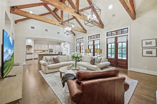 Interior, Kitchen, Living room, Pendant Lights, Recessed Lighting, Wooden Beams, Wood Texture Flooring