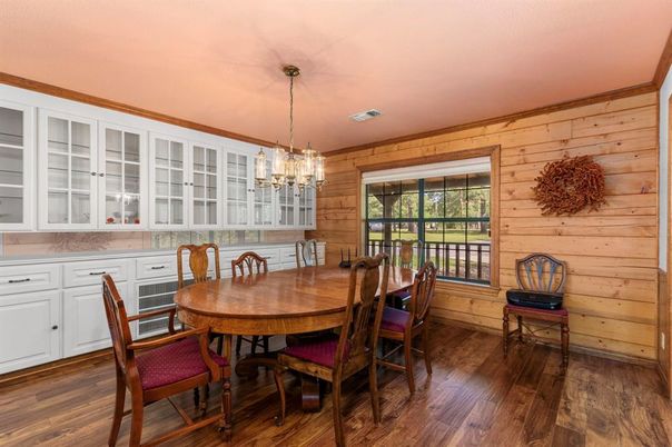 Chandelier, Dining room, Interior, Wood Texture Flooring, Wooden Walls