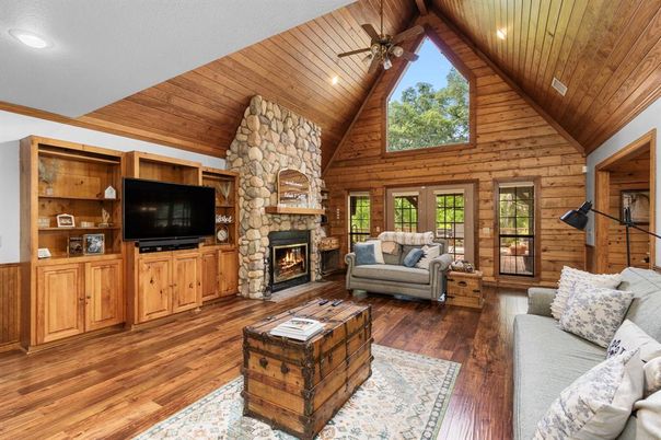 Fireplace, Interior, Living room, Recessed Lighting, Stone Walls, Wooden Ceilings, Wood Texture Flooring, Wooden Walls