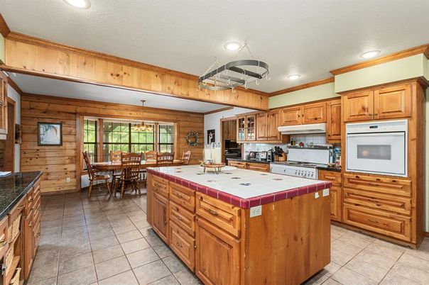 Dining room, Interior, Kitchen, Recessed Lighting, Tile Countertops, Wooden Walls