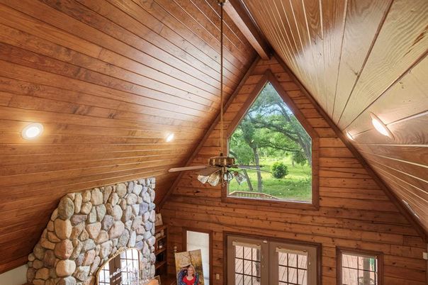 Fireplace, Interior, Recessed Lighting, Stone Walls, Wooden Ceilings, Wooden Walls