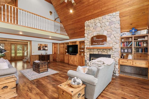 Fireplace, Interior, Living room, Recessed Lighting, Stone Walls, Wooden Ceilings, Wood Texture Flooring, Wooden Walls