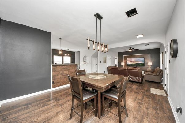Dining room, Interior, Living room, Pendant Lights, Wood Texture Flooring