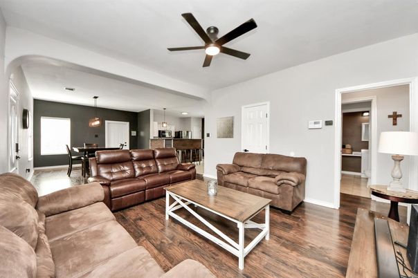 Dining room, Interior, Kitchen, Living room, Pendant Lights, Wood Texture Flooring