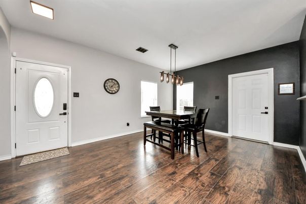 Dining room, Interior, Pendant Lights, Wood Texture Flooring