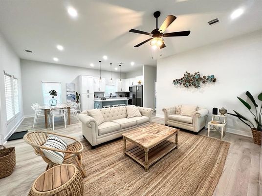 Dining room, Interior, Kitchen, Living room, Pendant Lights, Recessed Lighting, Stainless Steel Appliances, Wood Texture Flooring
