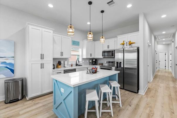 Interior, Kitchen, Pendant Lights, Recessed Lighting, Stainless Steel Appliances, Wood Texture Flooring