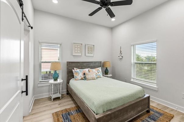 Bedroom, Interior, Recessed Lighting, Wood Texture Flooring