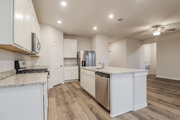 Interior, Kitchen, Recessed Lighting, Stainless Steel Appliances, Wood Texture Flooring