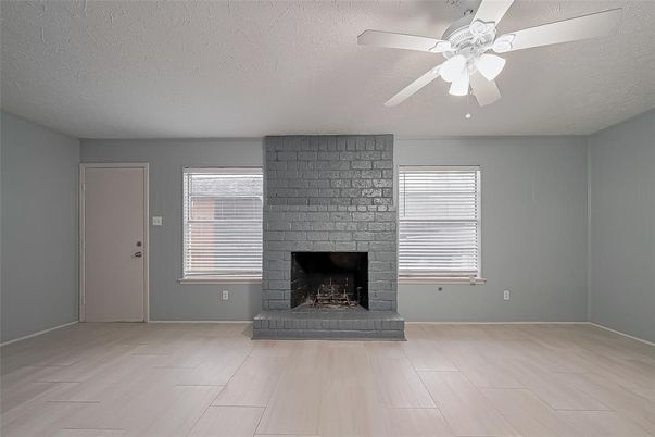 Empty room, Fireplace, Interior, Stone Walls, Wood Texture Flooring