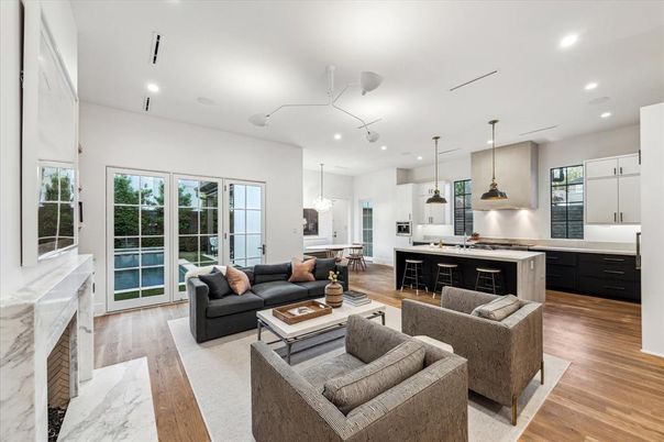 Interior, Kitchen, Living room, Pendant Lights, Recessed Lighting, Stainless Steel Appliances, Wood Texture Flooring