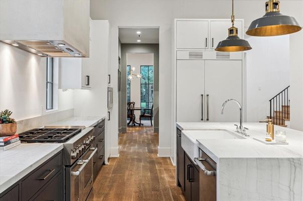 Interior, Kitchen, Pendant Lights, Recessed Lighting, Stainless Steel Appliances, Wood Texture Flooring