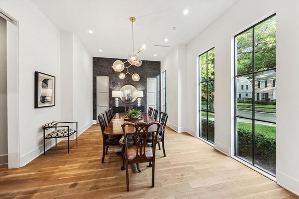 Dining room, Interior, Pendant Lights, Recessed Lighting, Wood Texture Flooring