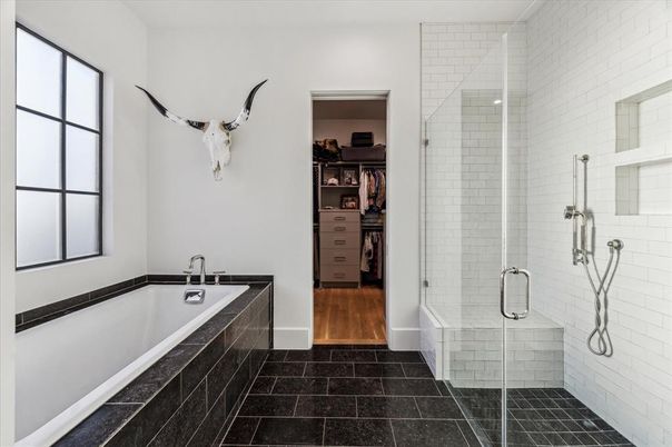 Bathroom, Glass Shower, Interior, Wood Texture Flooring