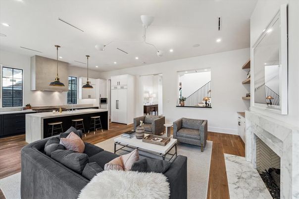 Fireplace, Interior, Kitchen, Living room, Pendant Lights, Recessed Lighting, Wood Texture Flooring