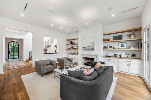 Fireplace, Interior, Living room, Recessed Lighting, Wood Texture Flooring