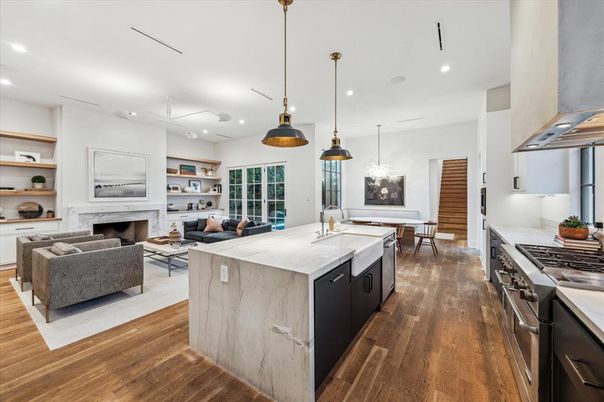 Dining room, Fireplace, Interior, Kitchen, Living room, Pendant Lights, Recessed Lighting, Stainless Steel Appliances, Wood Texture Flooring