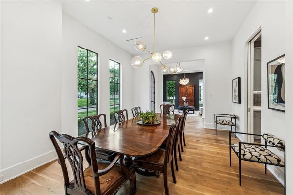 Dining room, Interior, Pendant Lights, Recessed Lighting, Wood Texture Flooring