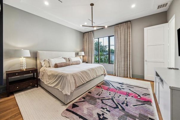 Bedroom, Interior, Pendant Lights, Recessed Lighting, Wood Texture Flooring