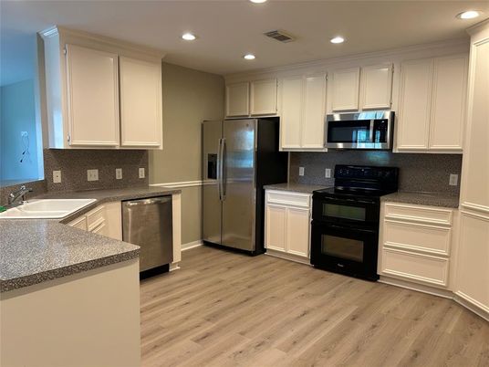 Interior, Kitchen, Recessed Lighting, Stainless Steel Appliances, Wood Texture Flooring