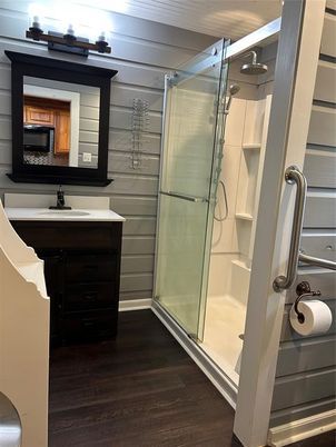 Bathroom, Glass Shower, Interior, Wood Texture Flooring