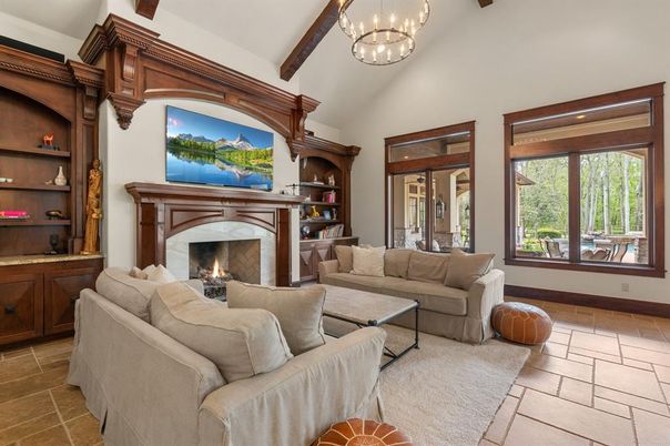Fireplace, Interior, Living room, Pendant Lights, Wooden Beams