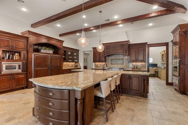 Interior, Kitchen, Pendant Lights, Recessed Lighting, Stainless Steel Appliances, Wooden Beams