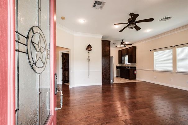 Empty room, Interior, Kitchen, Recessed Lighting, Wood Texture Flooring