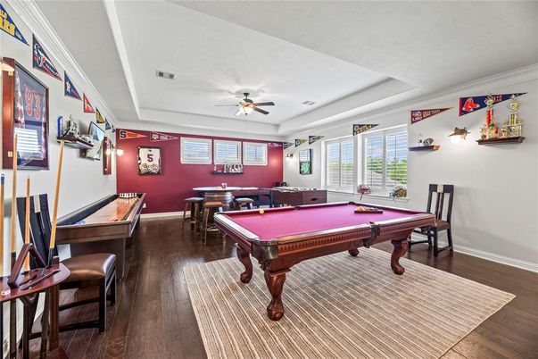 Billiard Table, Game Room, Interior, Recessed Lighting, Wood Texture Flooring