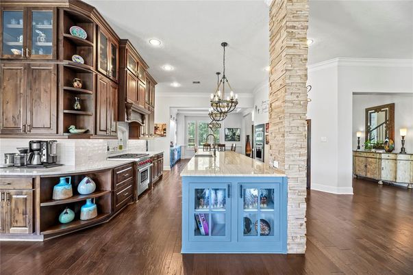 Chandelier, Interior, Kitchen, Pendant Lights, Recessed Lighting, Wood Texture Flooring