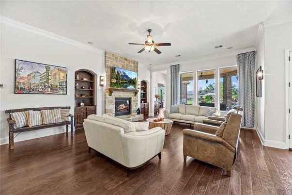 Fireplace, Interior, Living room, Stone Walls, Wood Texture Flooring