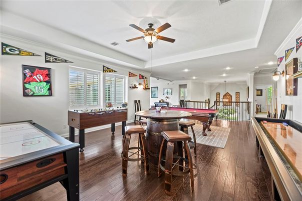 Billiard Table, Game Room, Interior, Pendant Lights, Recessed Lighting, Wood Texture Flooring
