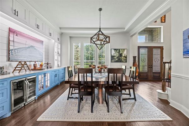 Dining room, Interior, Pendant Lights, Wood Texture Flooring