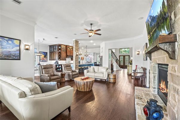 Fireplace, Interior, Kitchen, Living room, Pendant Lights, Recessed Lighting, Wood Texture Flooring