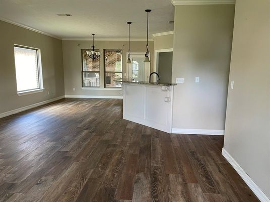 Empty room, Interior, Kitchen, Pendant Lights, Wood Texture Flooring