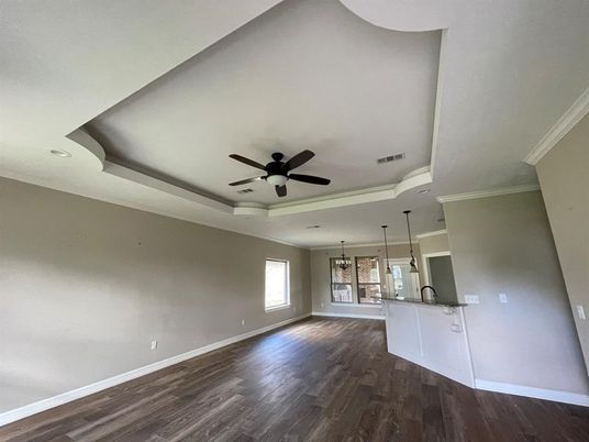 Empty room, Interior, Pendant Lights, Recessed Lighting, Wood Texture Flooring