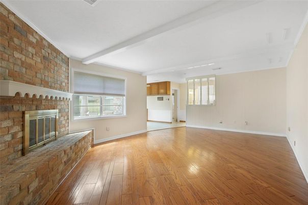 Empty room, Fireplace, Interior, Stone Walls, Wood Texture Flooring