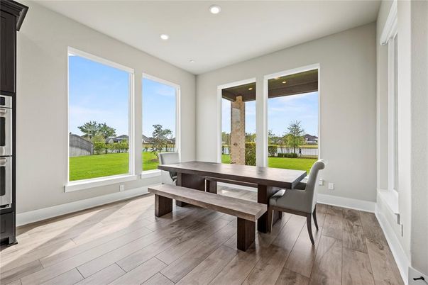 Dining room, Interior, Recessed Lighting, Wood Texture Flooring