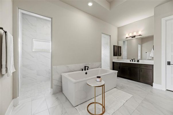 Bathroom, Dual Sink Vanities, Free Standing Baths, Interior, Marble, Marble Walls, Recessed Lighting