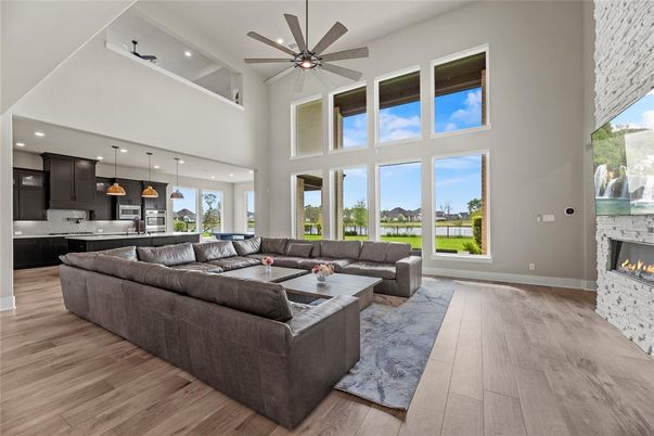 Fireplace, Interior, Kitchen, Living room, Pendant Lights, Recessed Lighting, Wood Texture Flooring