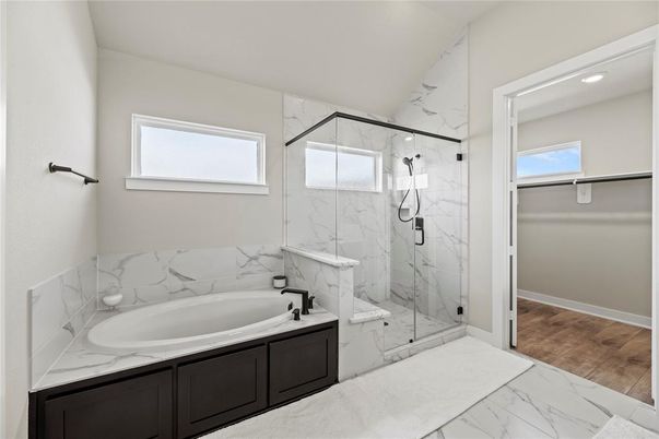 Bathroom, Glass Shower, Interior, Marble, Marble Walls, Recessed Lighting, Wood Texture Flooring