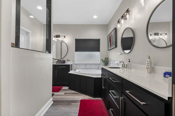 Bathroom, Dual Sink Vanities, Interior, Recessed Lighting, Wood Texture Flooring