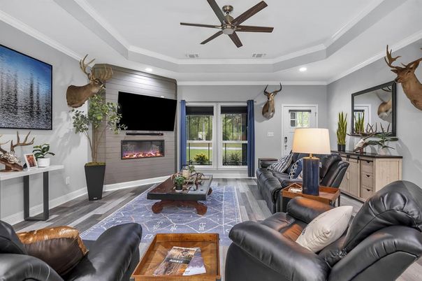 Fireplace, Interior, Living room, Recessed Lighting, Wood Texture Flooring