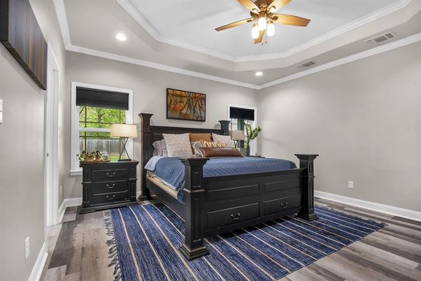 Bedroom, Interior, Recessed Lighting, Wood Texture Flooring