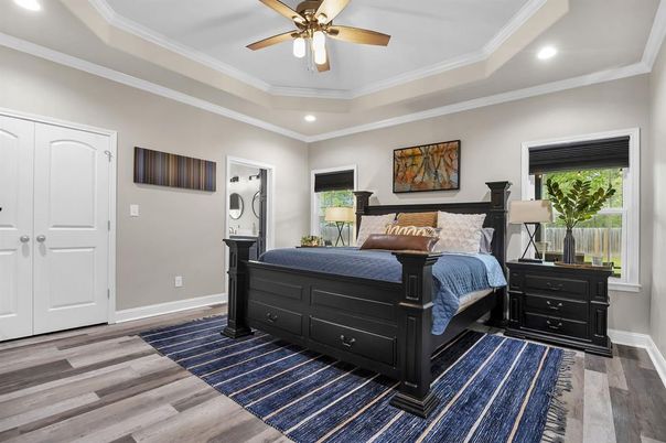 Bedroom, Interior, Recessed Lighting, Wood Texture Flooring