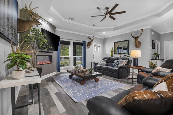 Fireplace, Interior, Living room, Recessed Lighting, Wood Texture Flooring