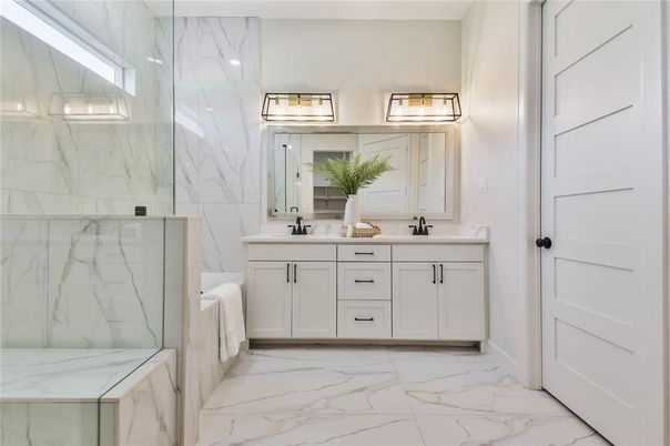 Bathroom, Dual Sink Vanities, Glass Shower, Interior, Marble, Marble Walls