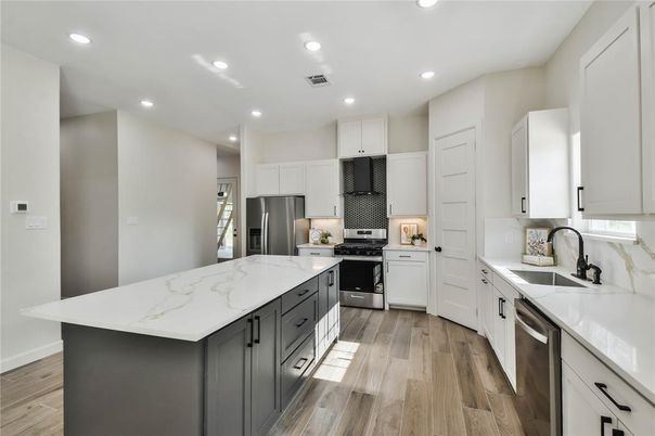 Interior, Kitchen, Recessed Lighting, Stainless Steel Appliances, Wood Texture Flooring